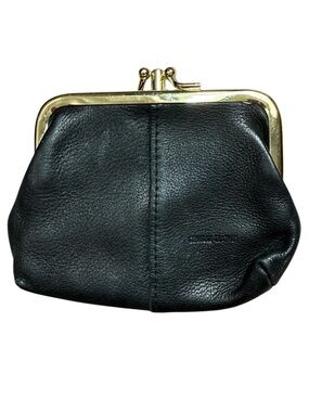 Unbranded Black Genuine Leather Kiss Lock Coin Purse Minimalist Vintage One Size